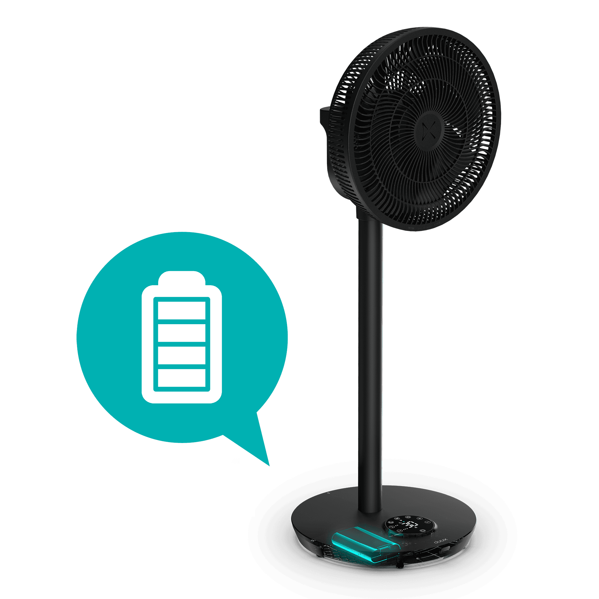 Black fan with a battery icon. The fan is on a black base.
