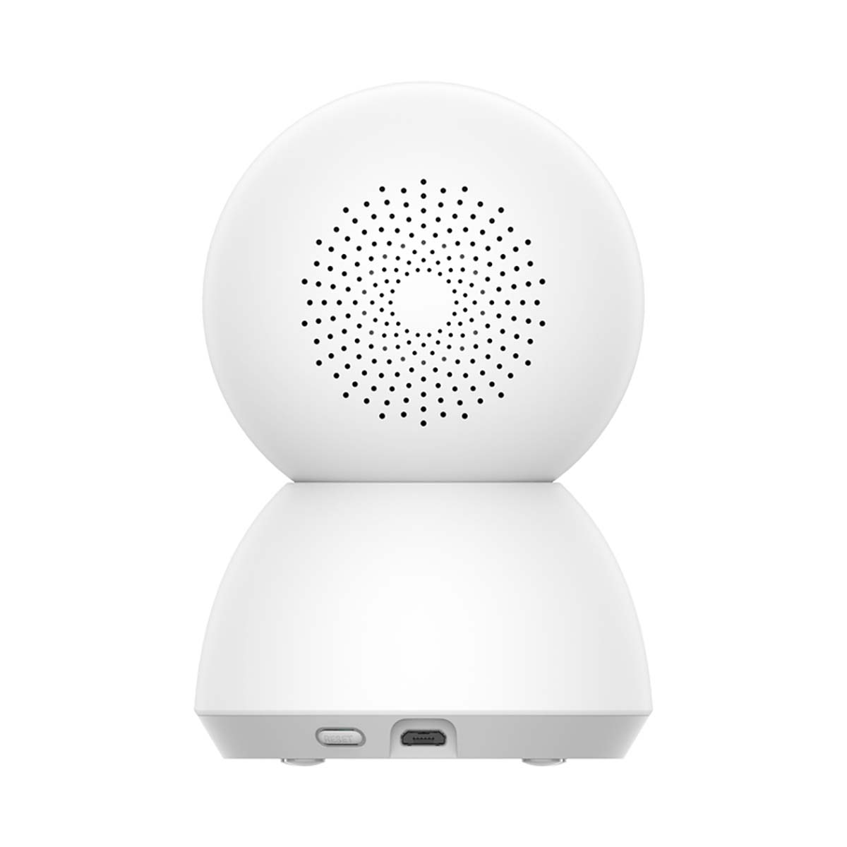 Biała kamera bezpieczeństwa w kształcie kopuły z czarnym głośnikiem. Znajduje się na białym tle.