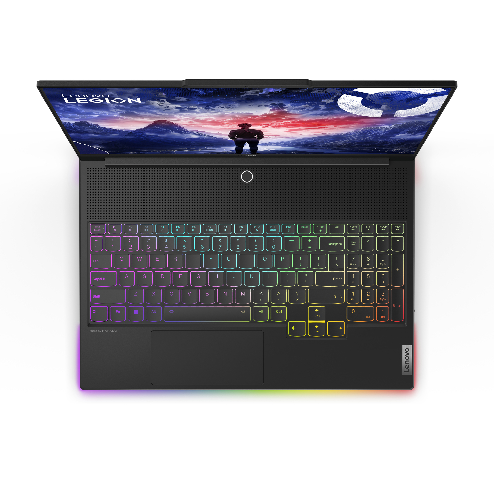 Laptop con tastiera retroilluminata arcobaleno. Aperto, mostra schermo e tastiera. Marchio Lenovo Legion.