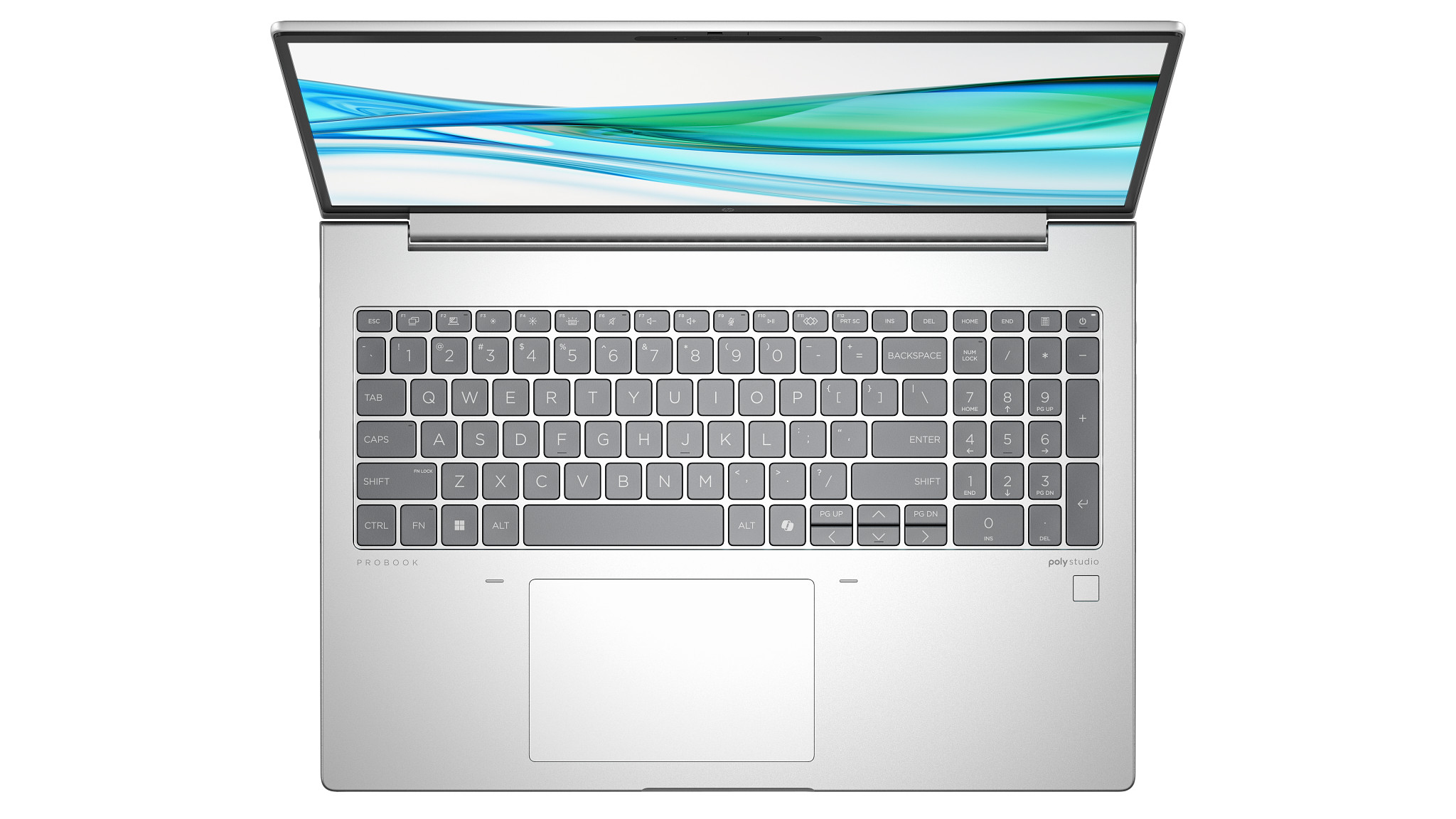 Widok z góry na srebrny laptop z otwartym ekranem. Klawiatura jest widoczna. Białe tło.