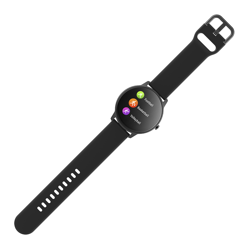 Czarny smartwatch z ikonami sportowymi. Czarny pasek. Białe tło. Widok z góry.
