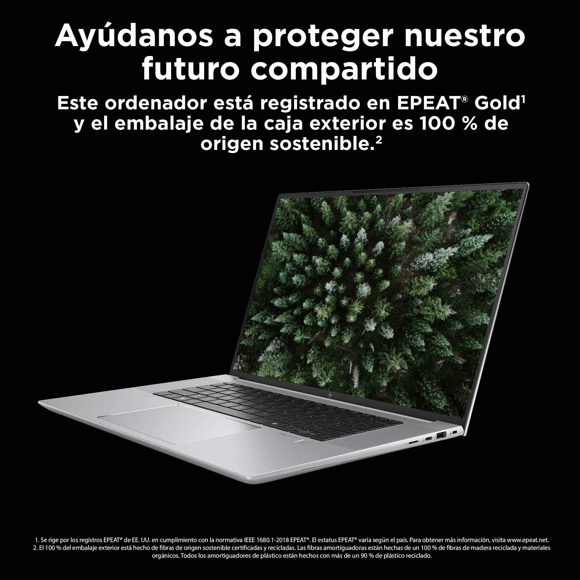 Laptop plateado sobre superficie negra. Texto: 'Ayúdanos a proteger nuestro futuro compartido'.