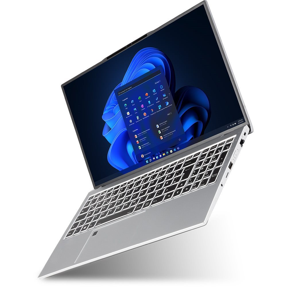 Ordinateur portable avec écran bleu foncé, clavier et boîtier argenté sur fond blanc.