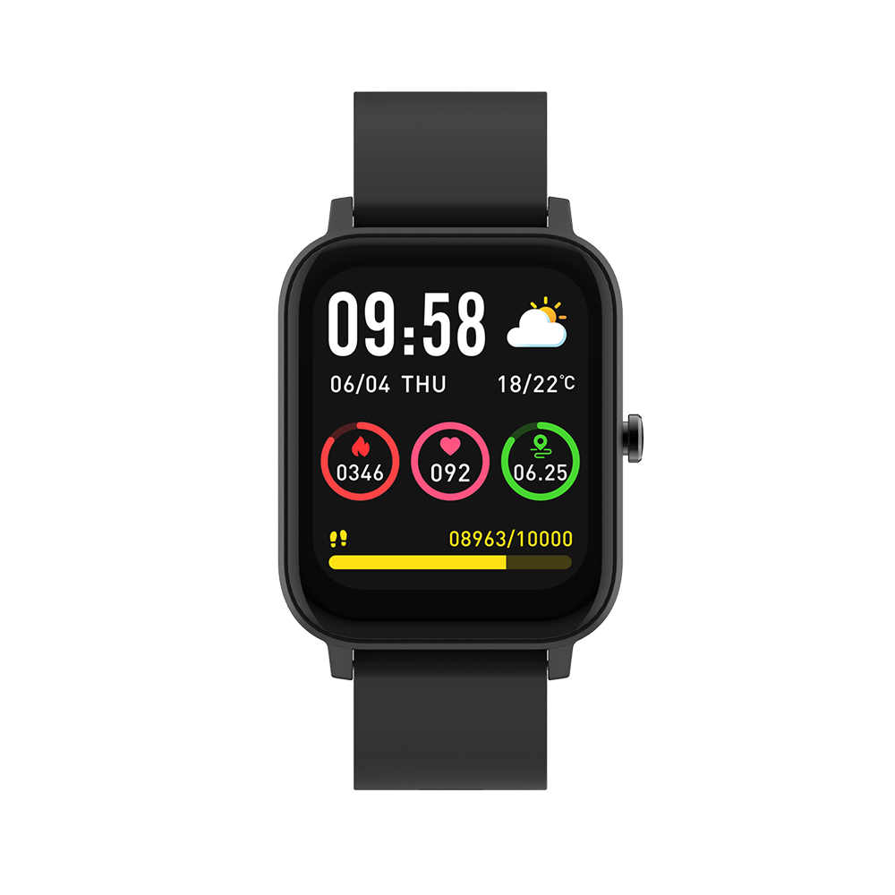 Czarny smartwatch pokazuje 09:58, 06/04 CZW, tętno 092, kroki 08963 i informacje o pogodzie.