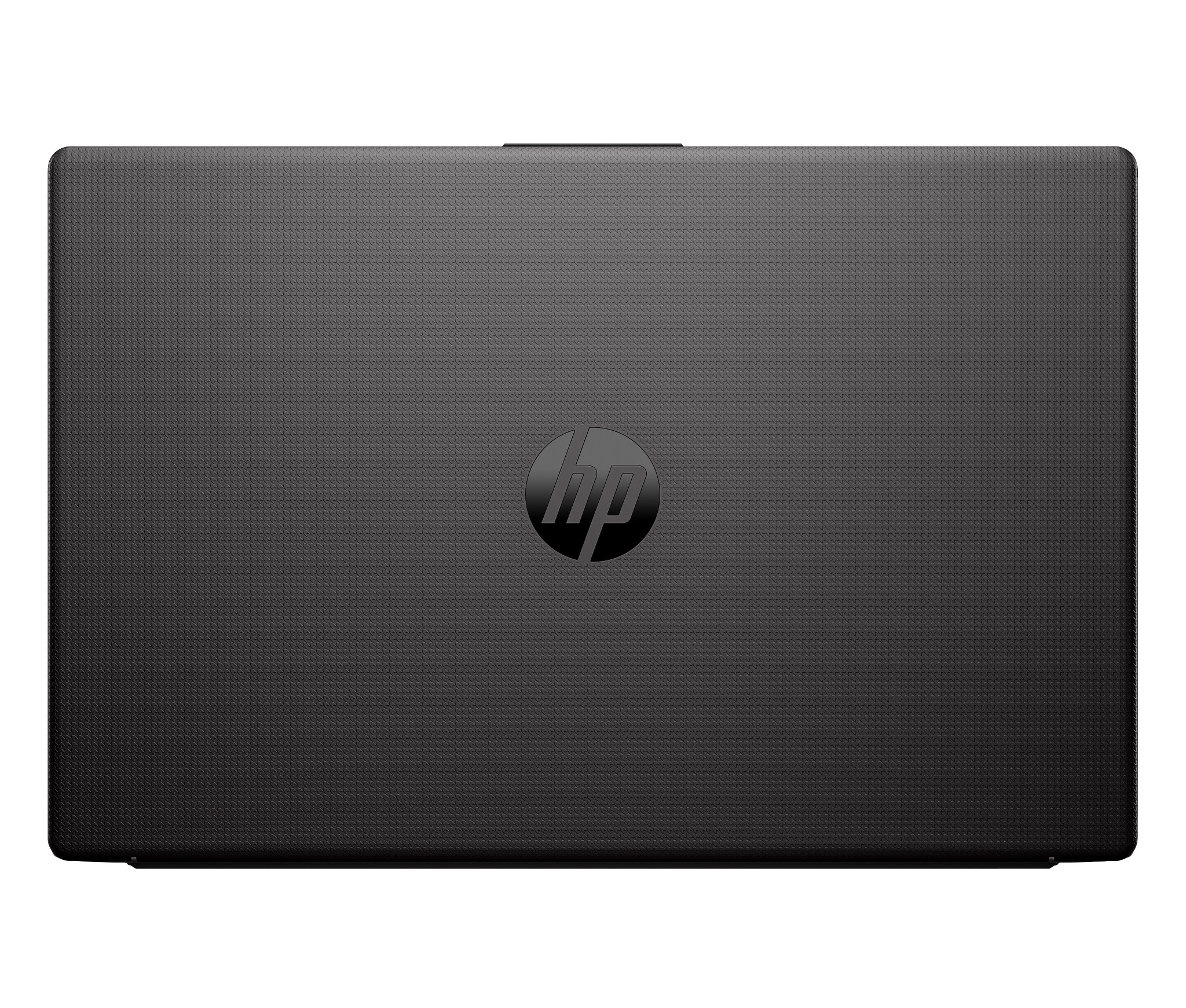 Czarny laptop zamknięty na białej powierzchni. Logo HP pośrodku.