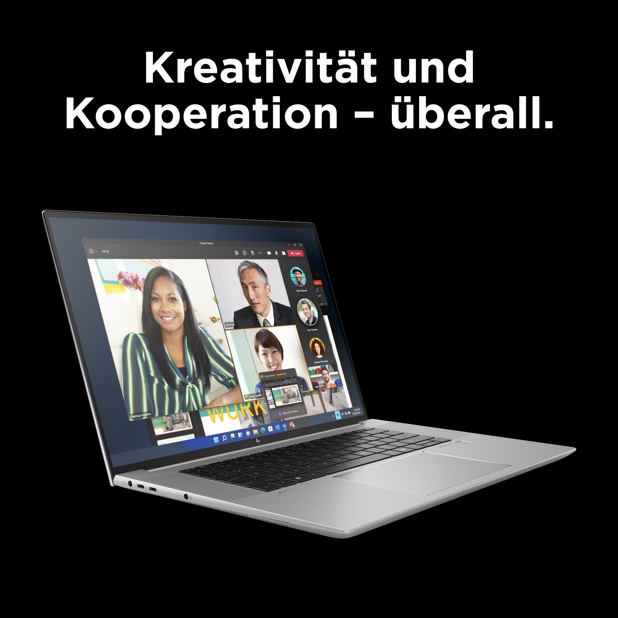 Laptop-Bildschirm mit Videoanruf. Schwarzer Hintergrund, Text Kreativität und Kooperation - überall.