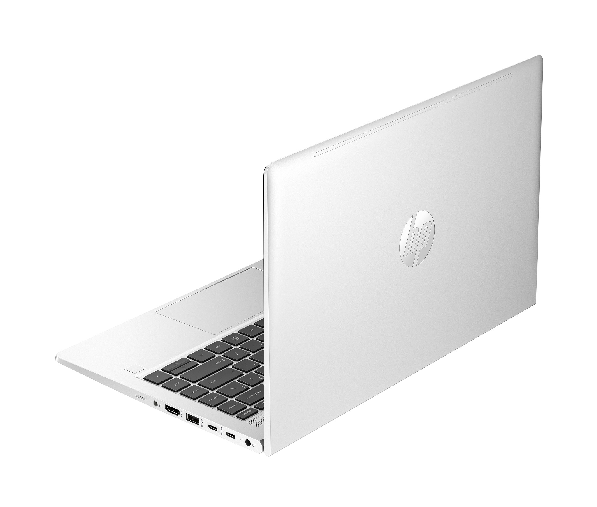 Laptop HP argento. Vista posteriore. Logo HP sulla cover. Tastiera nera.
