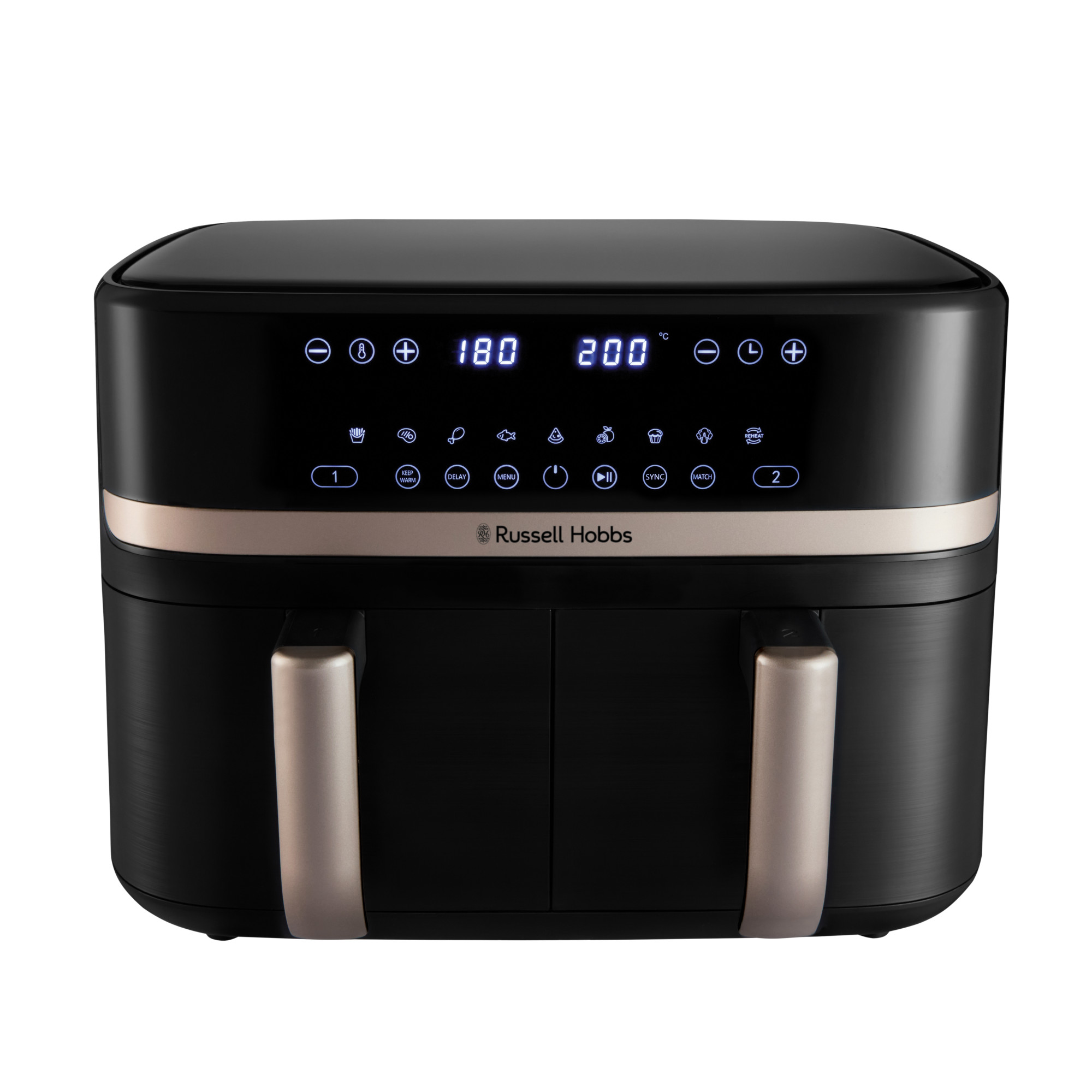 Eine schwarz-goldene Russell Hobbs Heißluftfritteuse mit digitaler Anzeige.