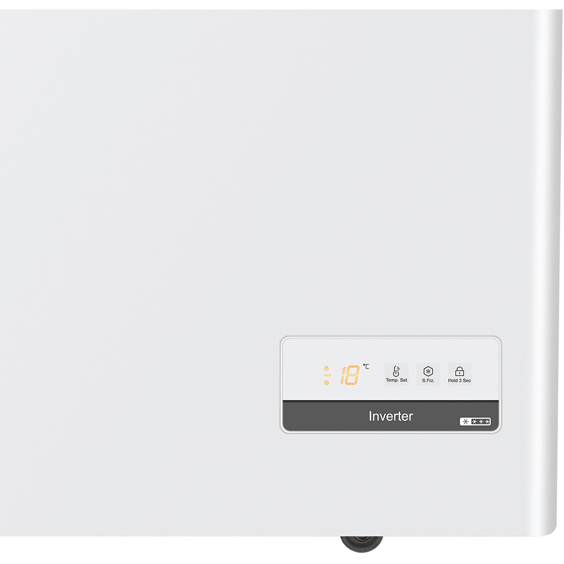 Panel de control de congelador horizontal blanco. Muestra temperatura y ajustes.