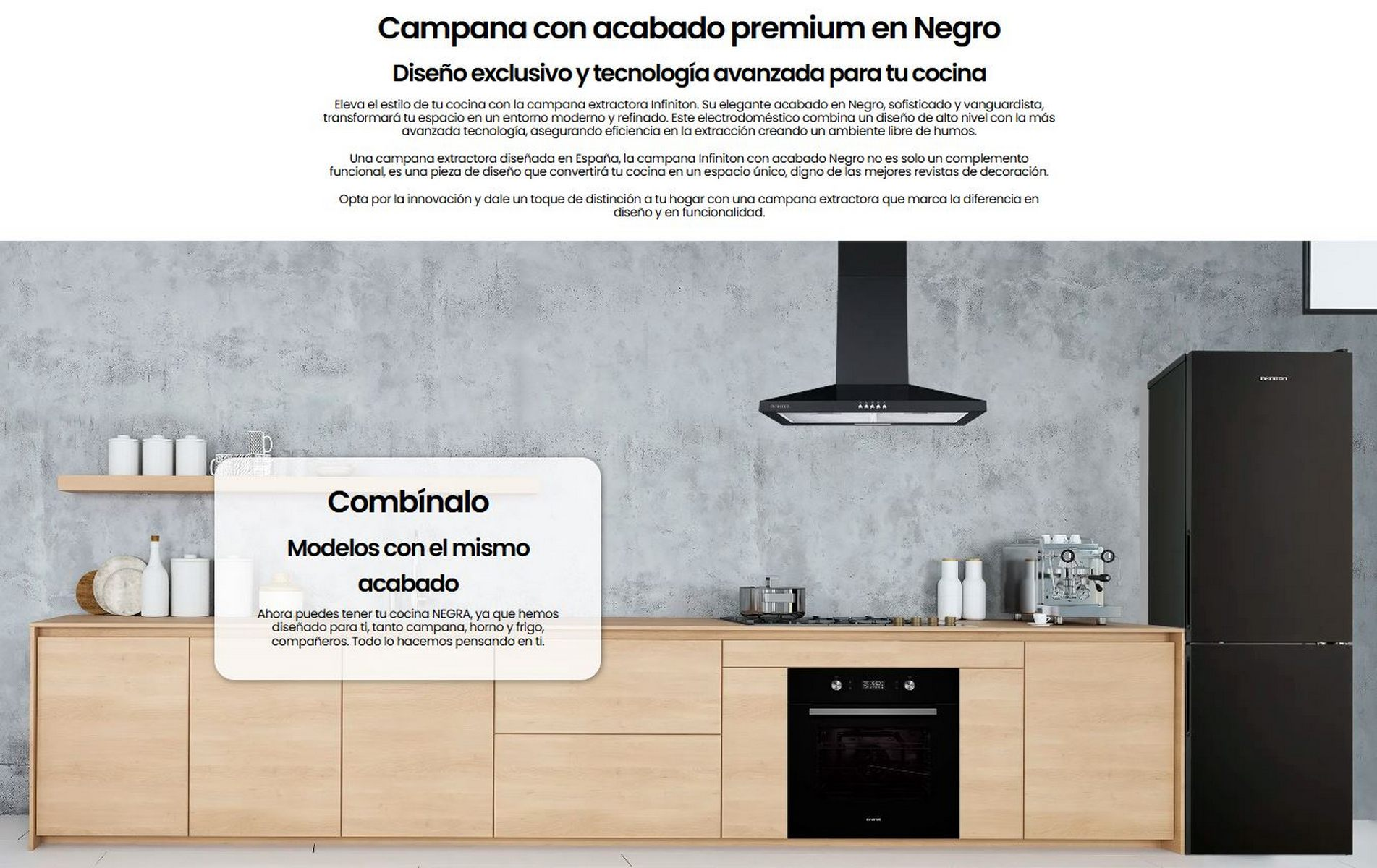 Escena de cocina con una campana extractora negra sobre una estufa y electrodomésticos negros.