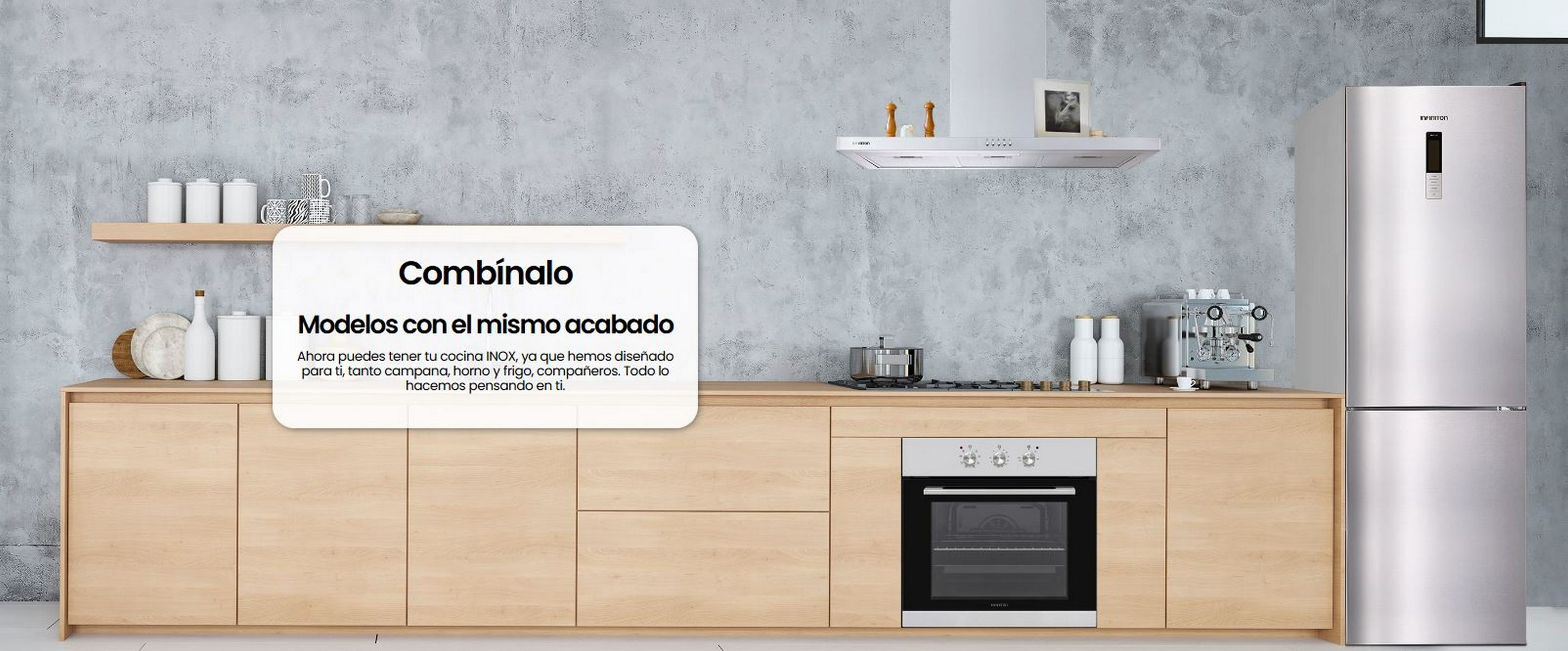 Cocina con gabinetes de madera y electrodomésticos: horno, nevera y campana extractora, con texto encima.