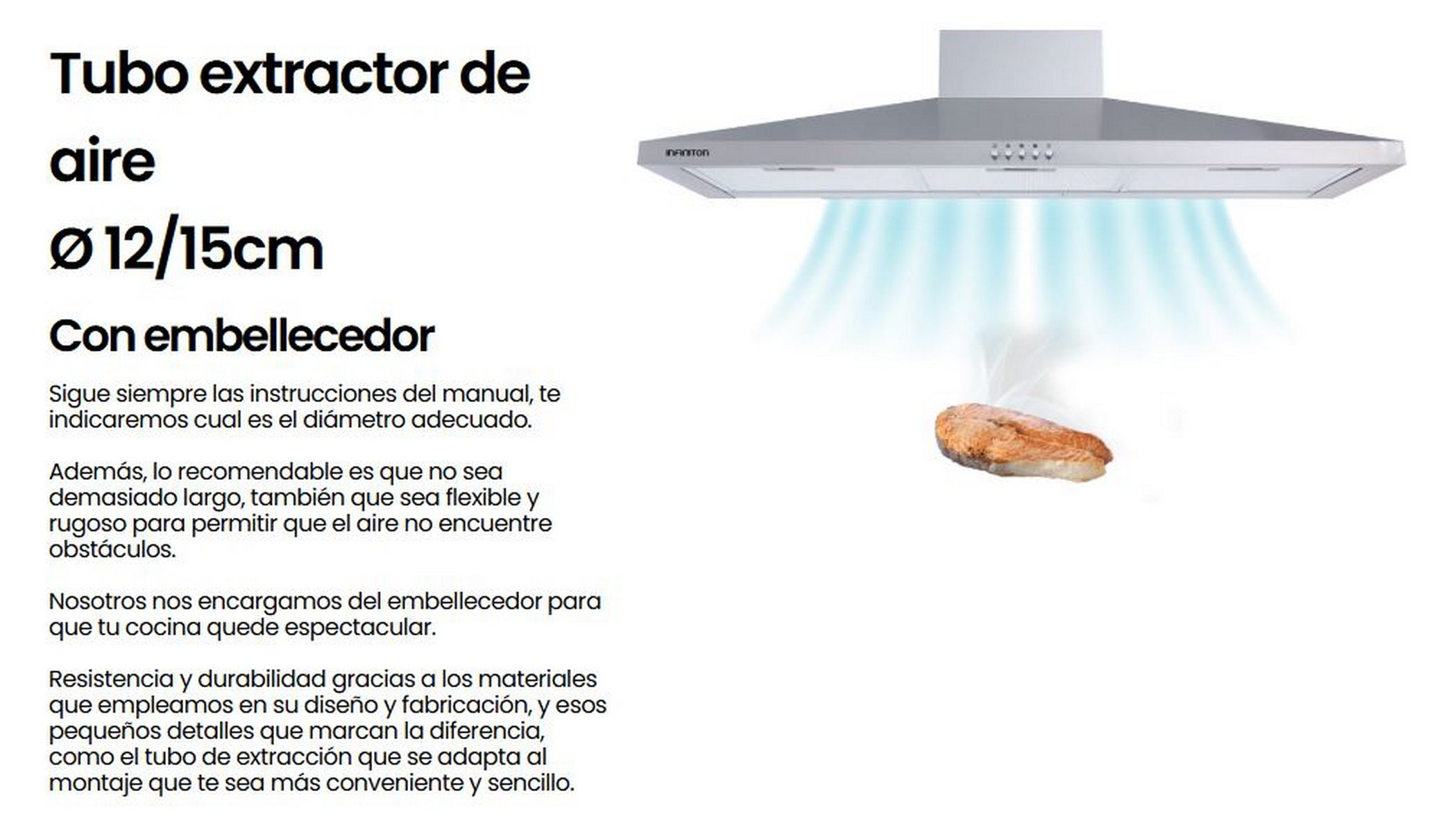 Tubo extractor con texto, dibujo de carne y una campana extractora.