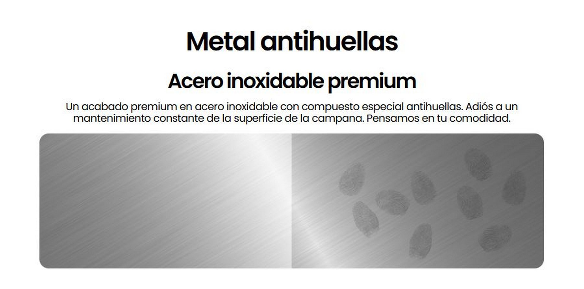 Acero inoxidable. Texto en español: acero inoxidable premium resistente a huellas dactilares.