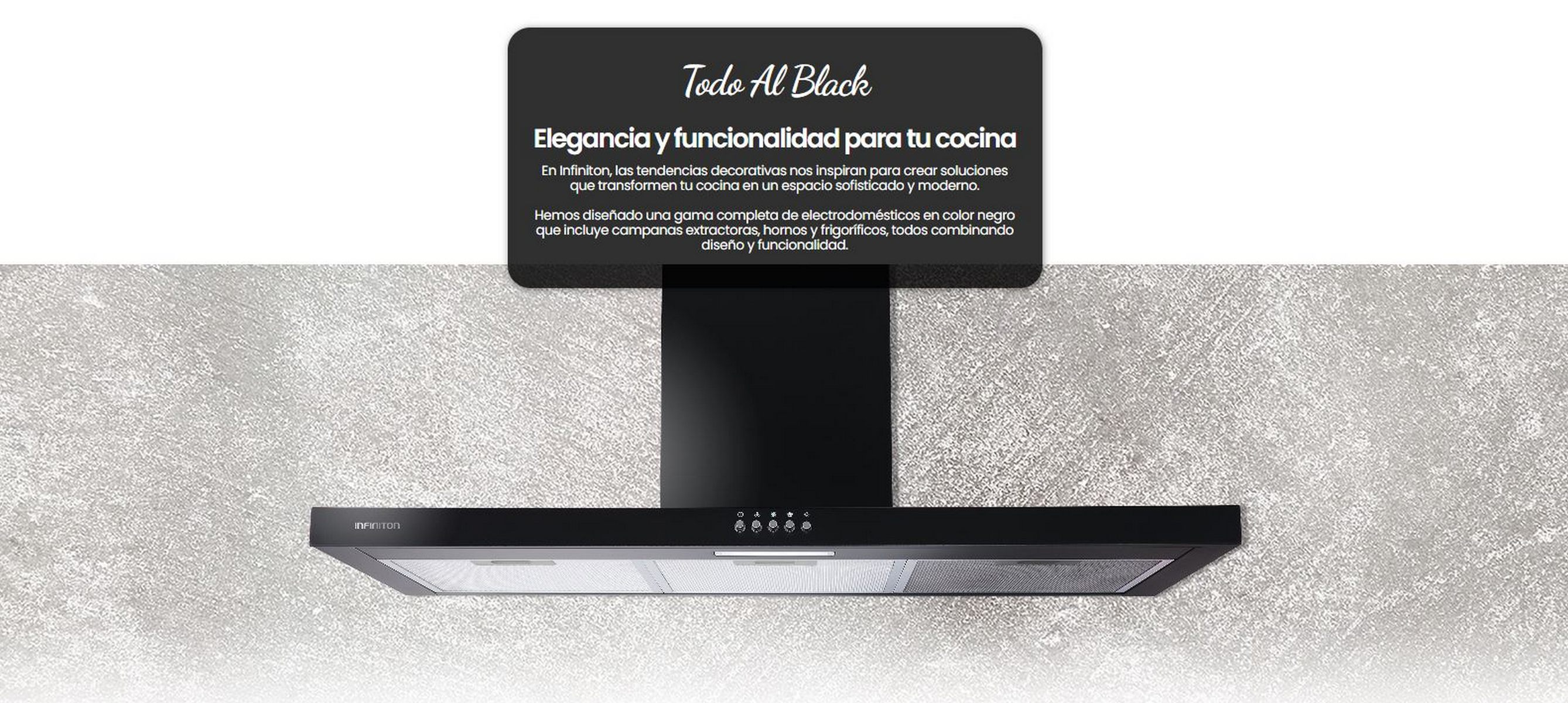 Campana extractora negra con texto en una pancarta negra. El fondo es una pared de piedra gris.