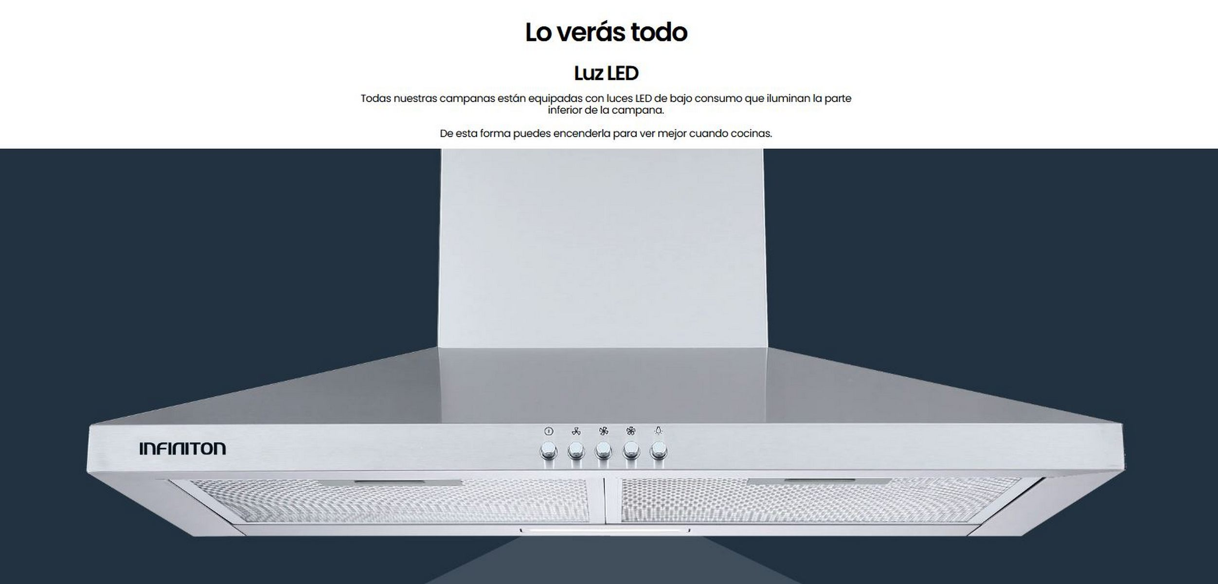 Una campana extractora plateada con texto y un fondo azul oscuro.