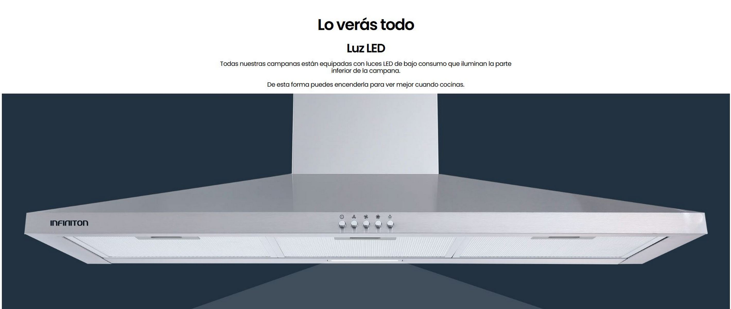 Una campana extractora de acero inoxidable con luces LED. Tiene varios botones y está contra un fondo azul.