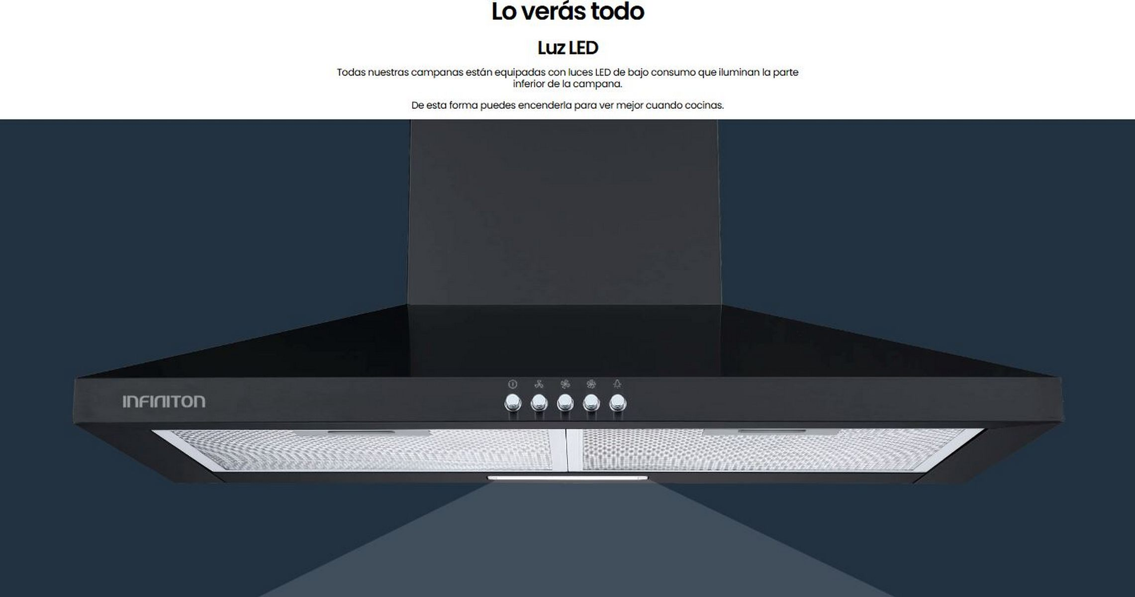 Una campana extractora negra con luces y texto en español.
