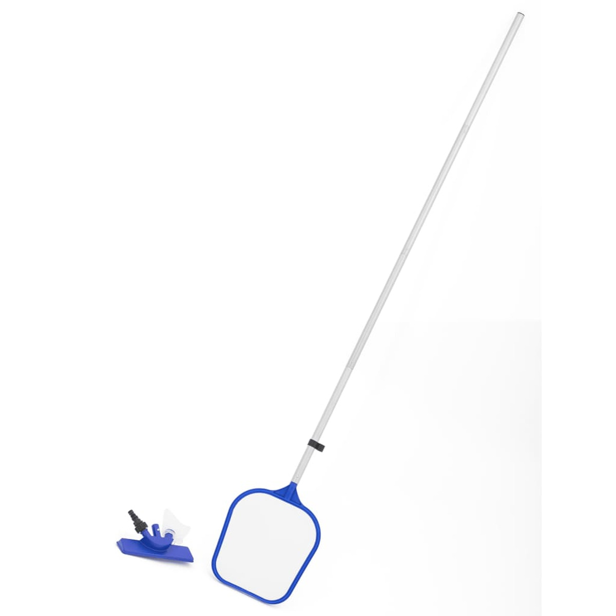 Retino per piscina e accessori per la pulizia. Colori blu e argento, su sfondo bianco.