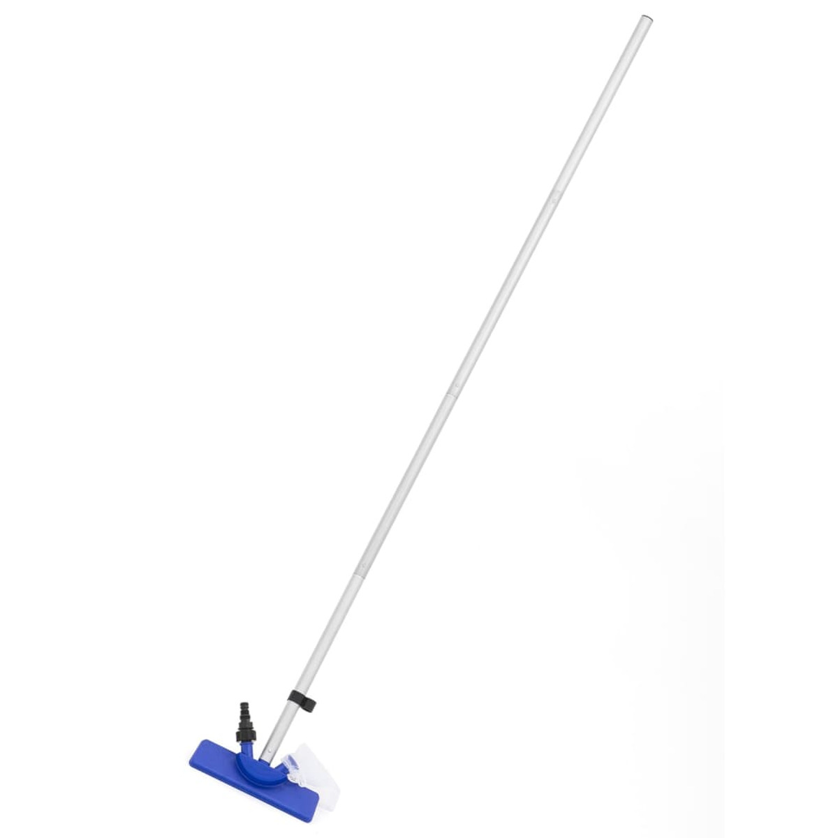 Un pulitore per piscina blu con un lungo palo d'argento. Il pulitore è su sfondo bianco.