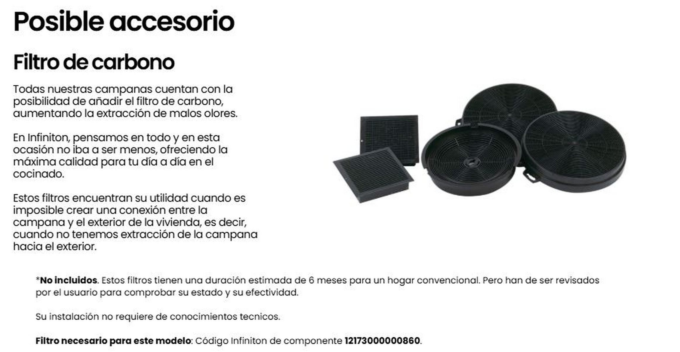 Texto explicando el filtro de carbón para campana extractora, con varios filtros circulares.