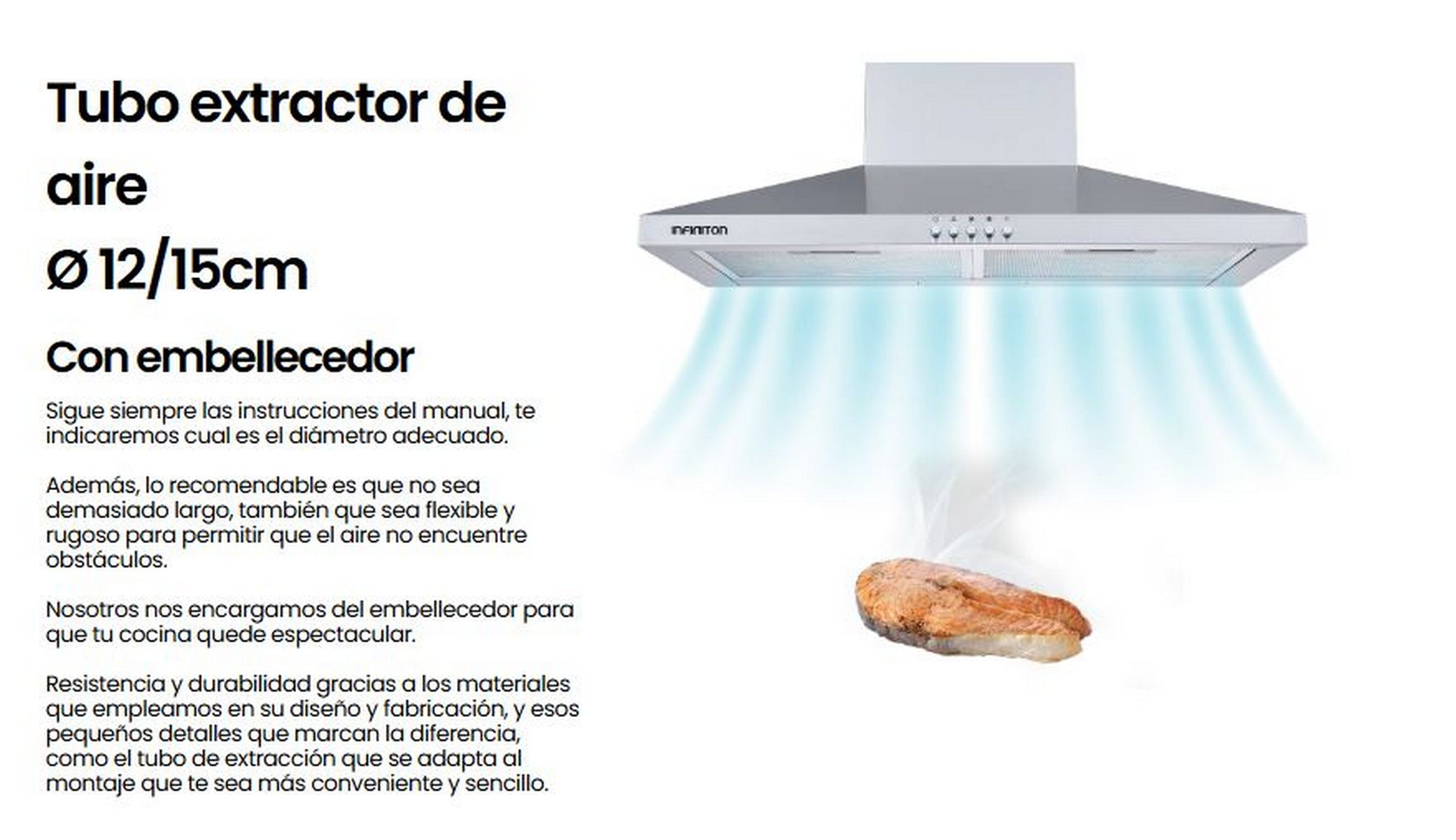Una ilustración de una campana extractora sobre un salmón cocinado con texto en español que describe sus características.