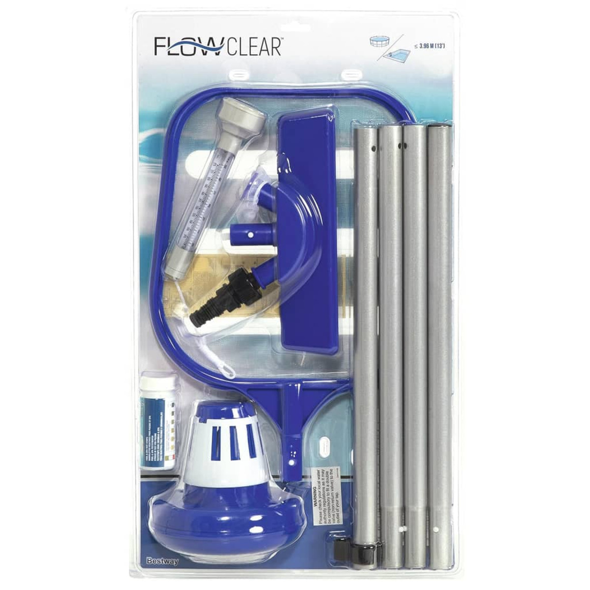 Kit di pulizia piscina con manico blu, termometro e aste, confezionato su sfondo bianco.