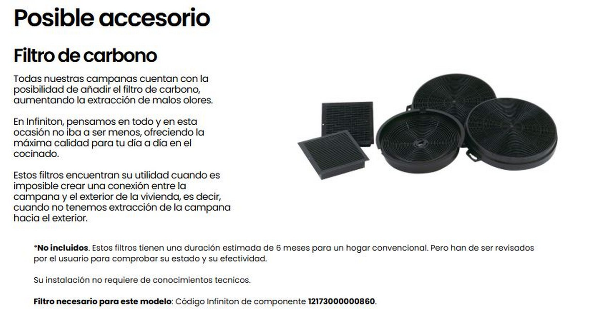 Texto con descripción de filtros de carbono para campanas extractoras. Filtros negros sobre fondo blanco.