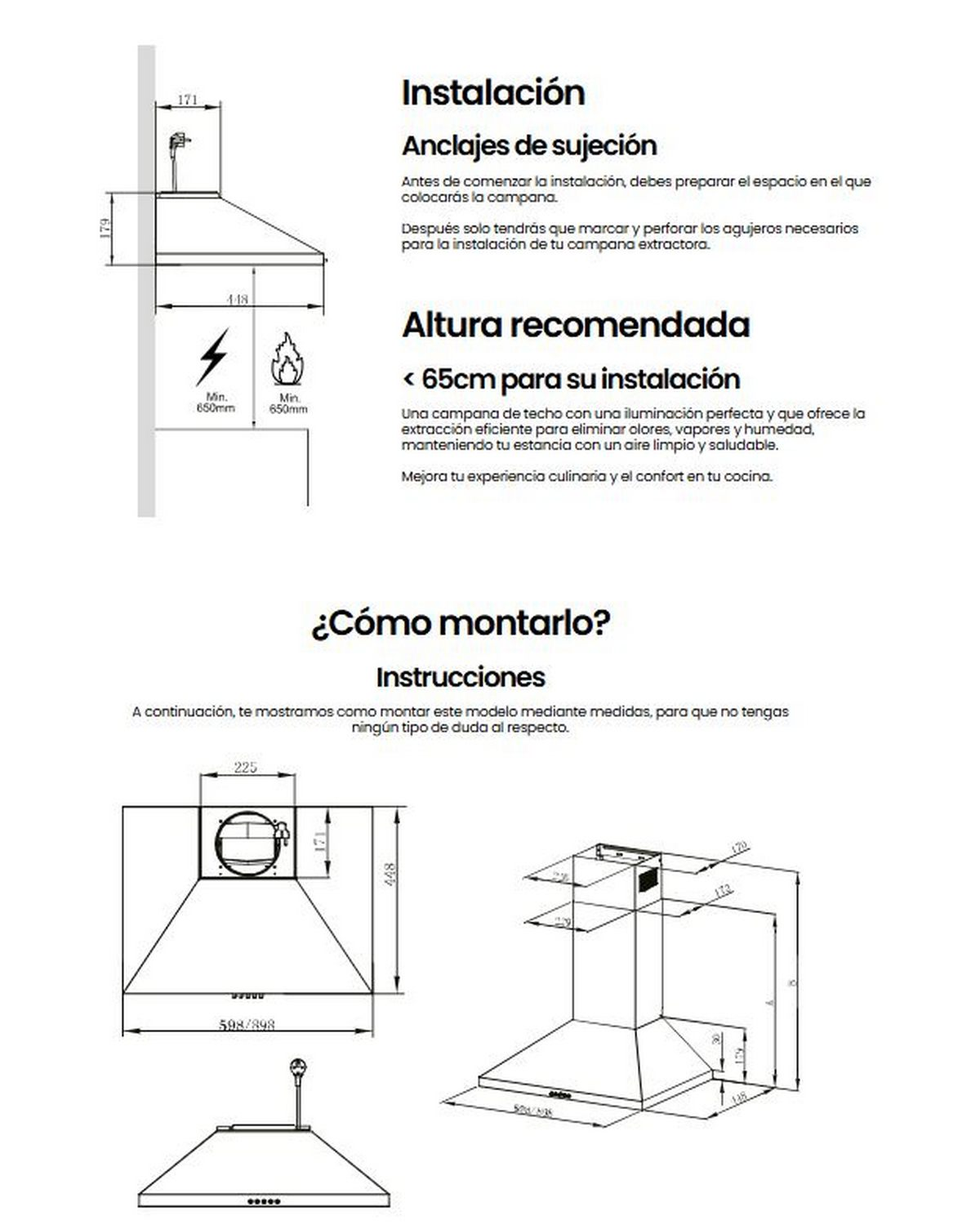 Diagrama de una campana extractora con medidas e instrucciones. Fondo blanco.