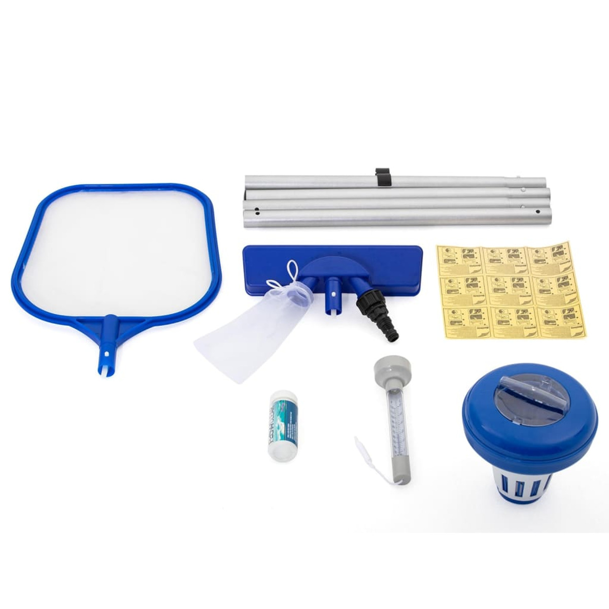 Set di attrezzature per la pulizia della piscina: rete, spazzola, sacco, pastiglie, termometro e galleggiante.