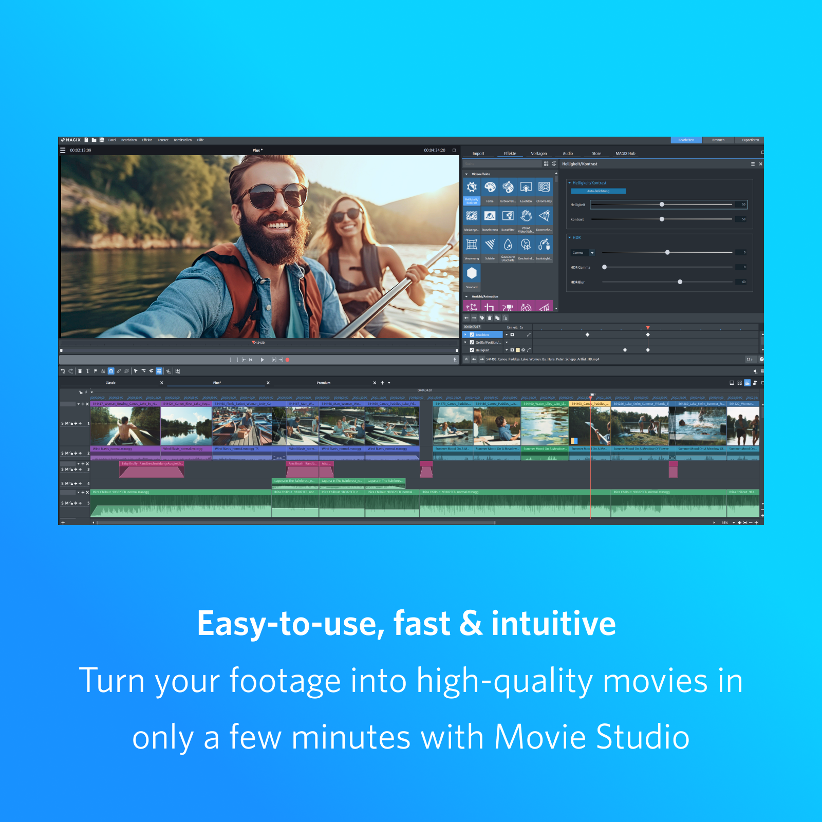 Interfaccia del software di editing video. Mostra timeline e clip video. Testo: 'Facile da usare'.