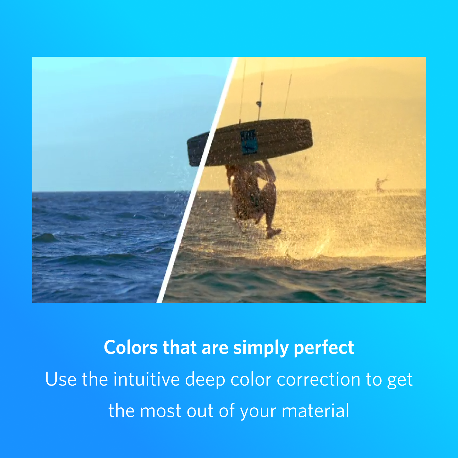 Immagine divisa di mare e kitesurf. Cielo blu a sinistra, dorato a destra.