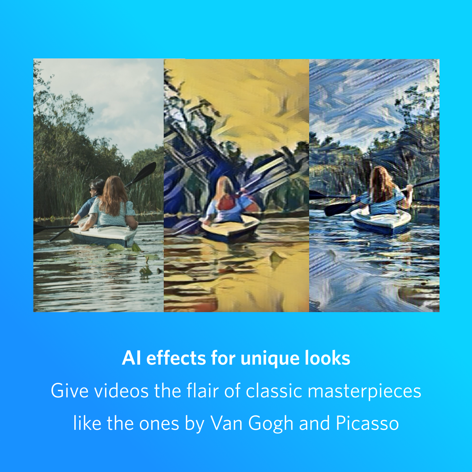 Tre immagini di persone in kayak. Testo: Effetti AI per look unici, Dai ai tuoi video...
