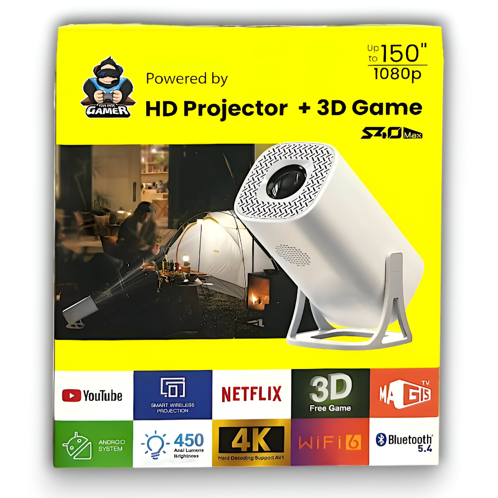 Proyector blanco con escena de tienda en caja amarilla con texto. Muestra apps y funciones.