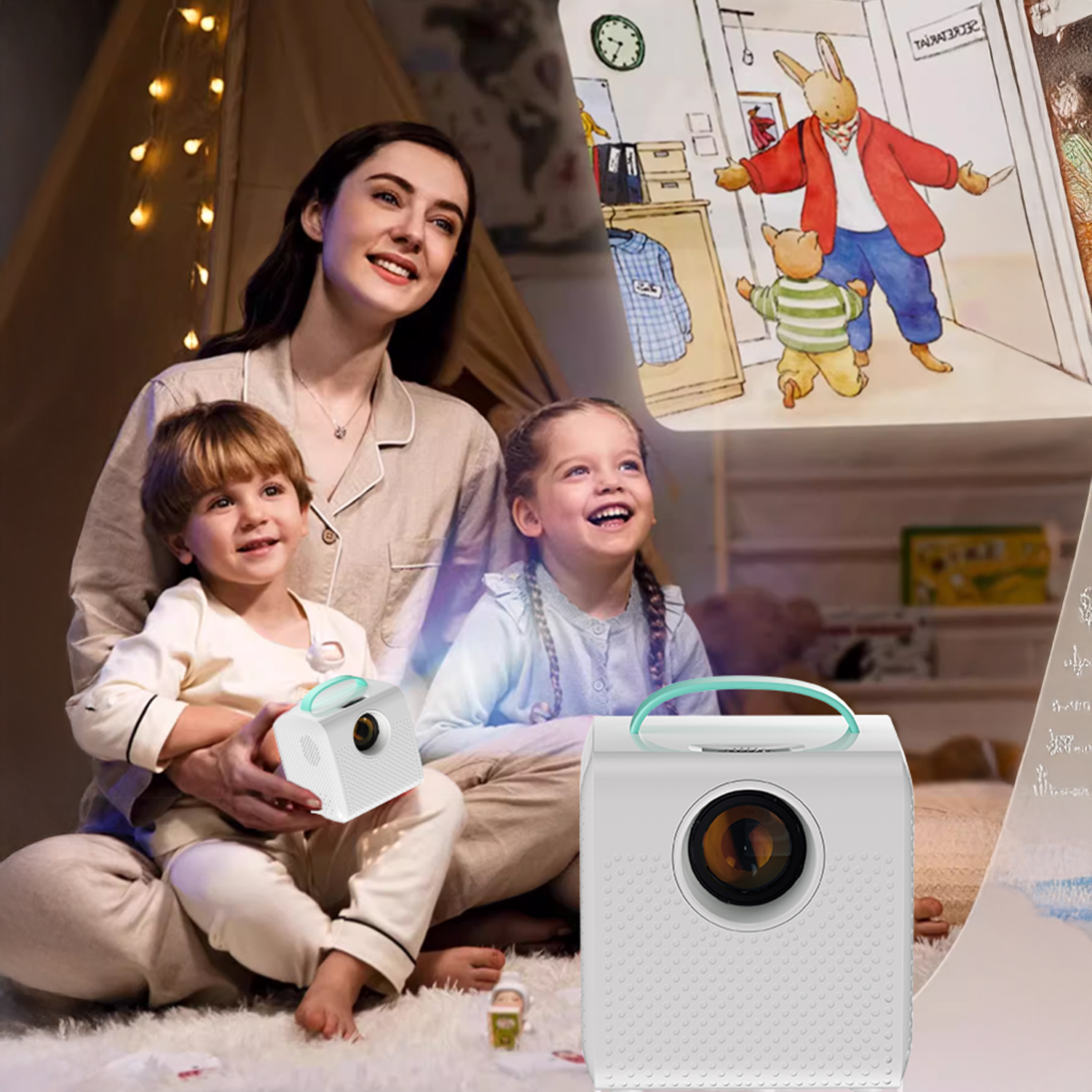 Famiglia che guarda un cartone animato proiettato su un proiettore bianco. Tenda sullo sfondo.