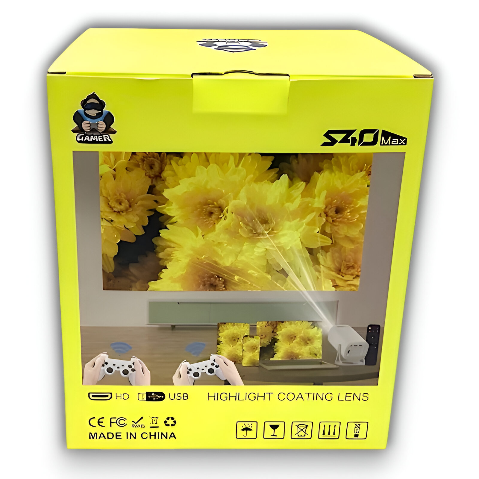 Caja amarilla con imagen de proyector y dos manos sosteniendo mandos de juego.