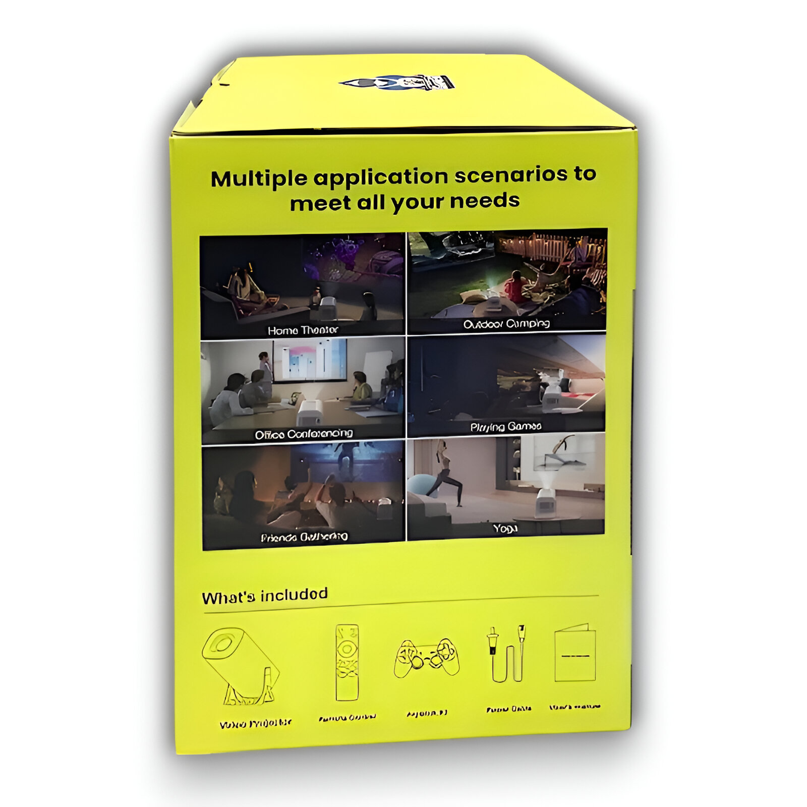 Caja amarilla con escenarios de proyector: cine en casa, camping, oficina, juegos, reunión y yoga.