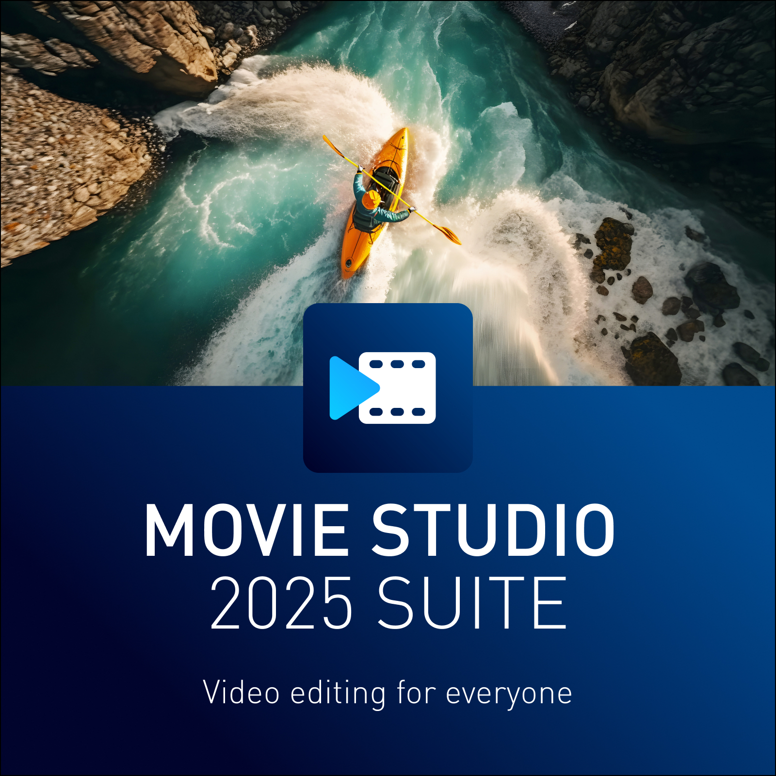 Kayak sul fiume, blu/bianco. Logo Movie Studio 2025 Suite.
