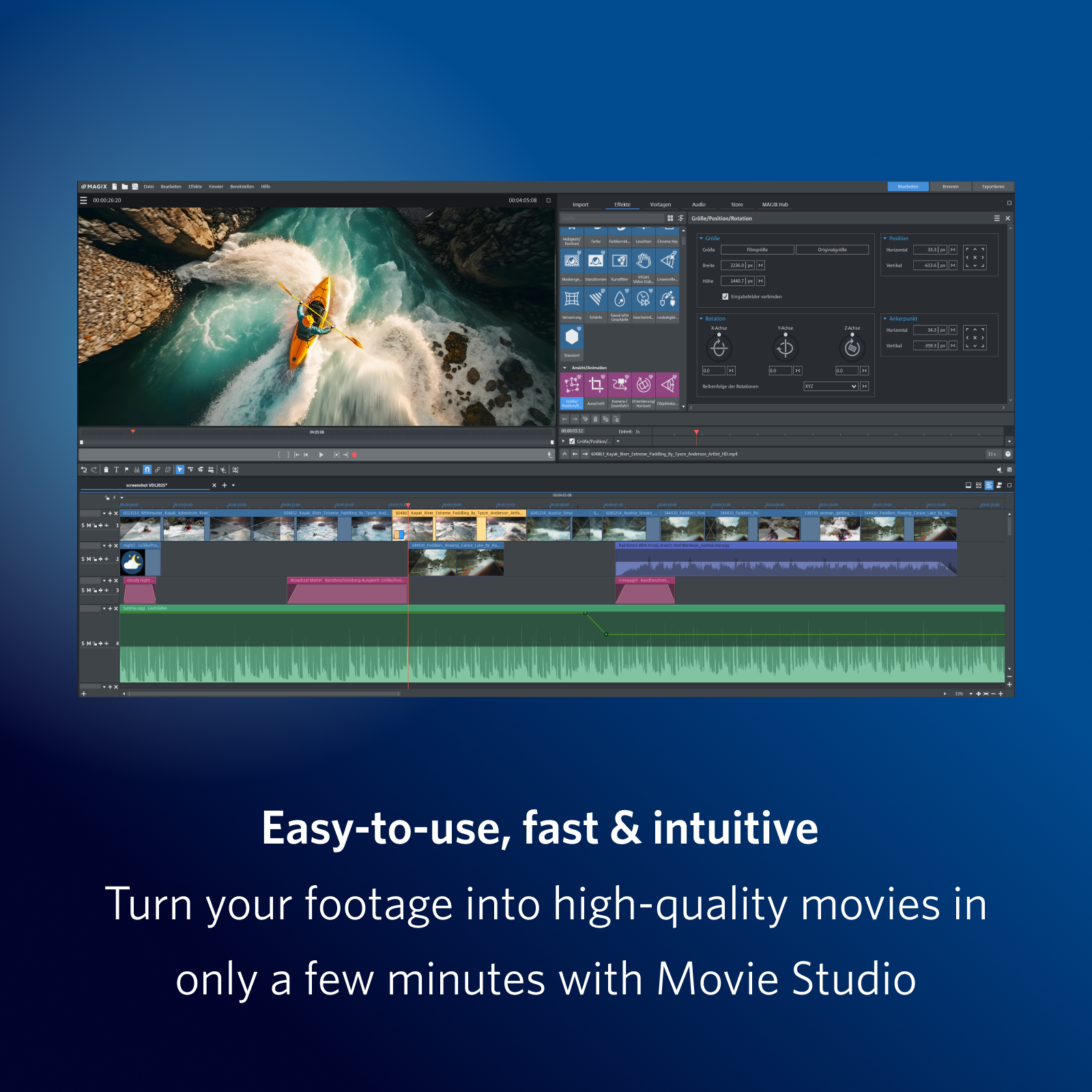 Interfaccia software di editing video con una scena di kayak. Controlli di editing sullo schermo. Testo: facile da usare, veloce e intuitivo.