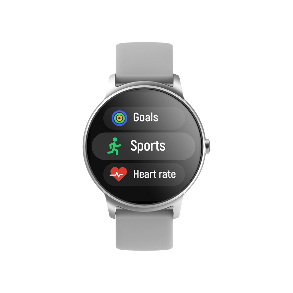 Smartwatch mit grauem Armband. Der Bildschirm zeigt Optionen für Ziele, Sport und Herzfrequenz.