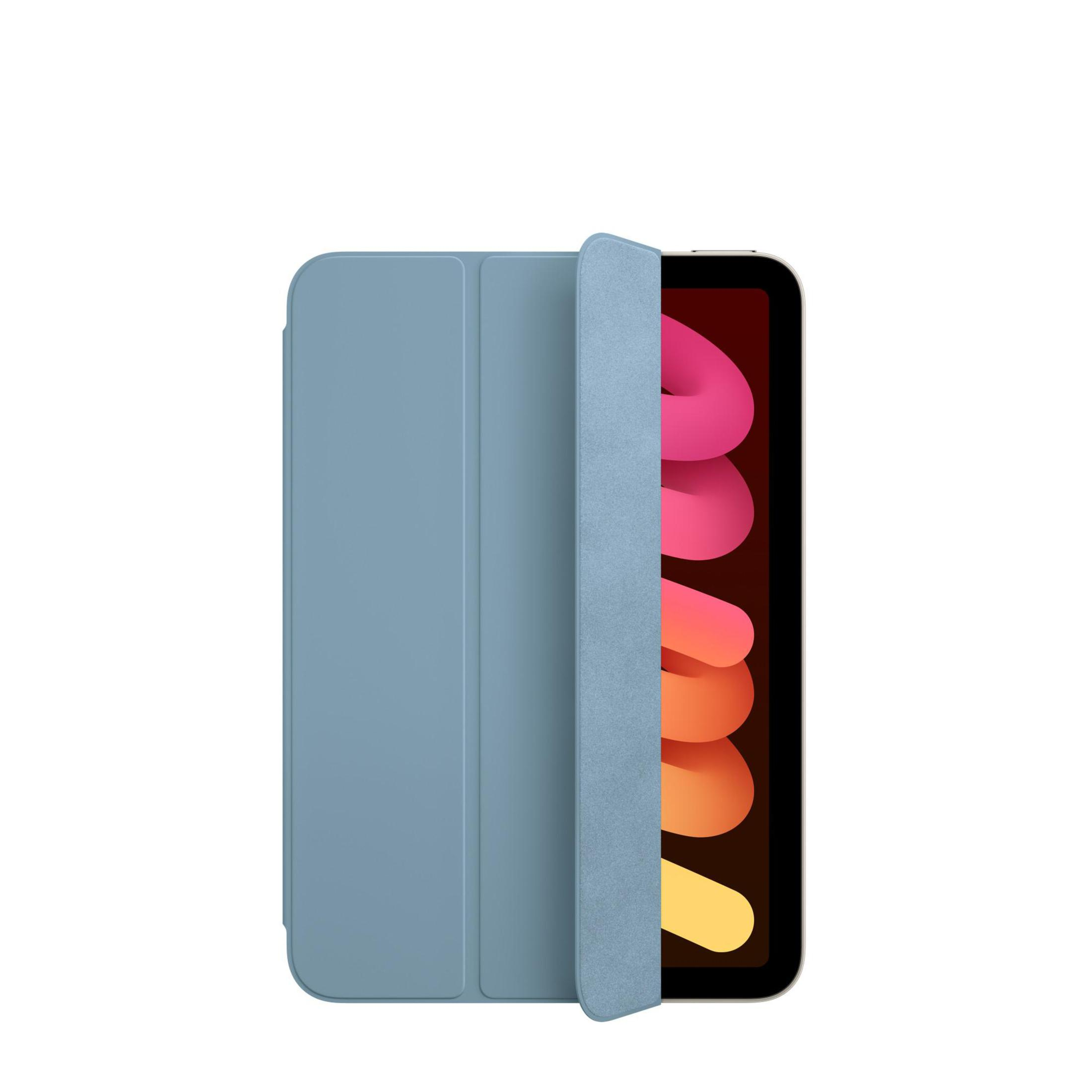 Custodia iPad mini azzurra con cover parzialmente aperta, che mostra lo schermo.
