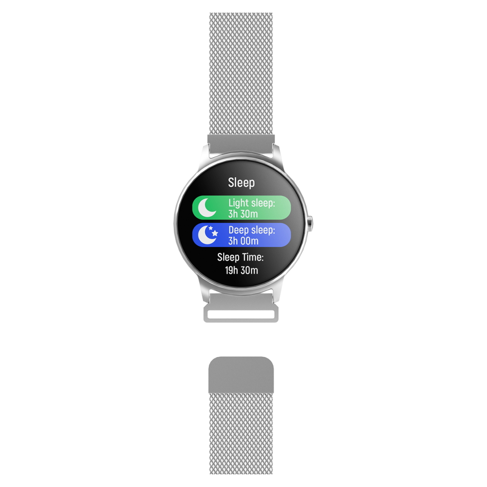 Smartwatch zeigt Schlafdaten an, Leicht- und Tiefschlafzeiten.
