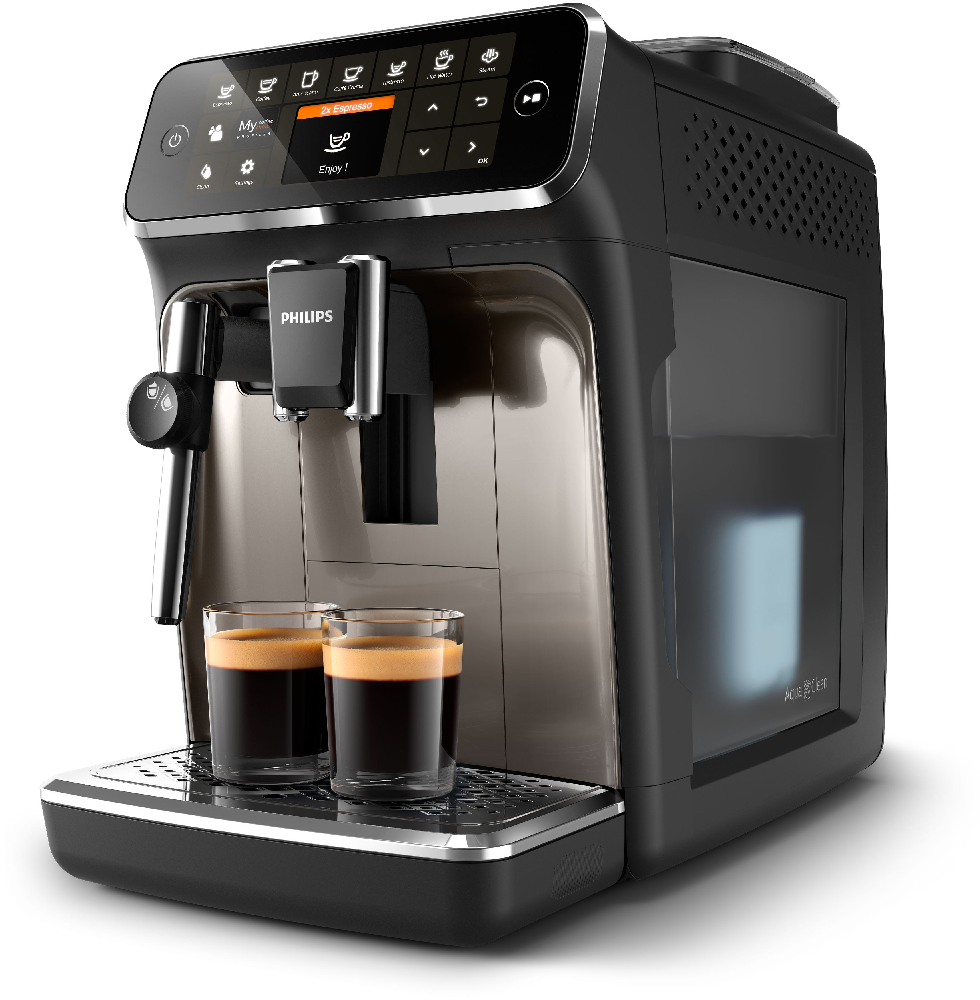 Macchina da caffè nera con touchscreen e due bicchieri di caffè.