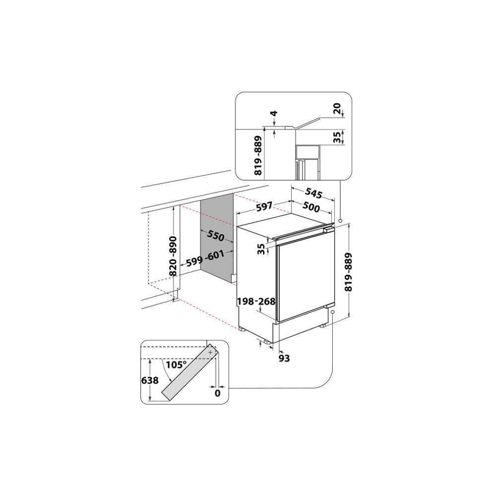 Diagramma con dimensioni di una lavastoviglie, che mostra misure e installazione.