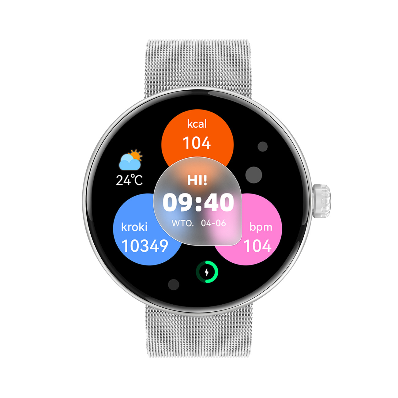 Smartwatch wyświetlający dane: temperatura, kroki, czas i tętno.