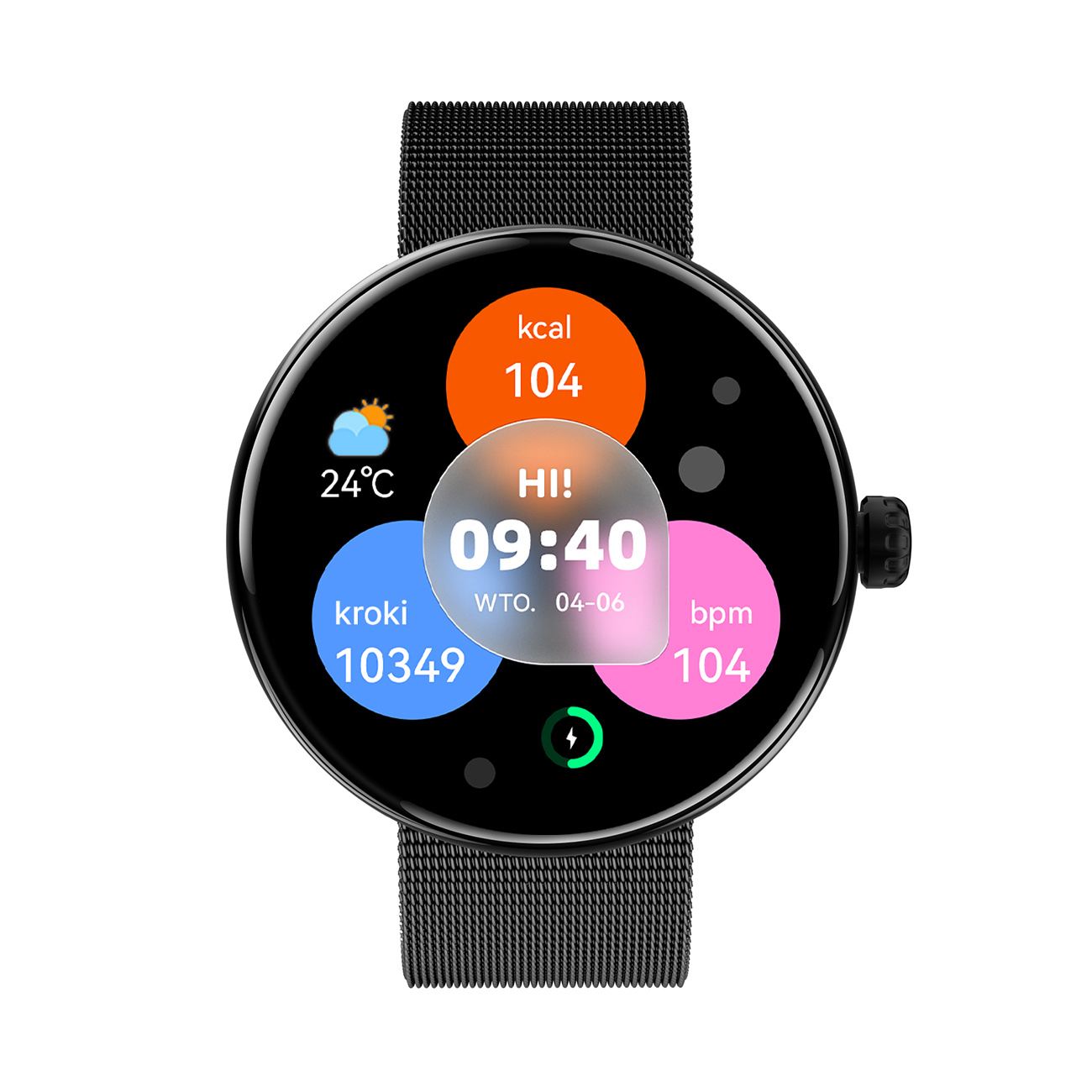 Czarny smartwatch wyświetlający czas, tętno, kroki i dane pogodowe.