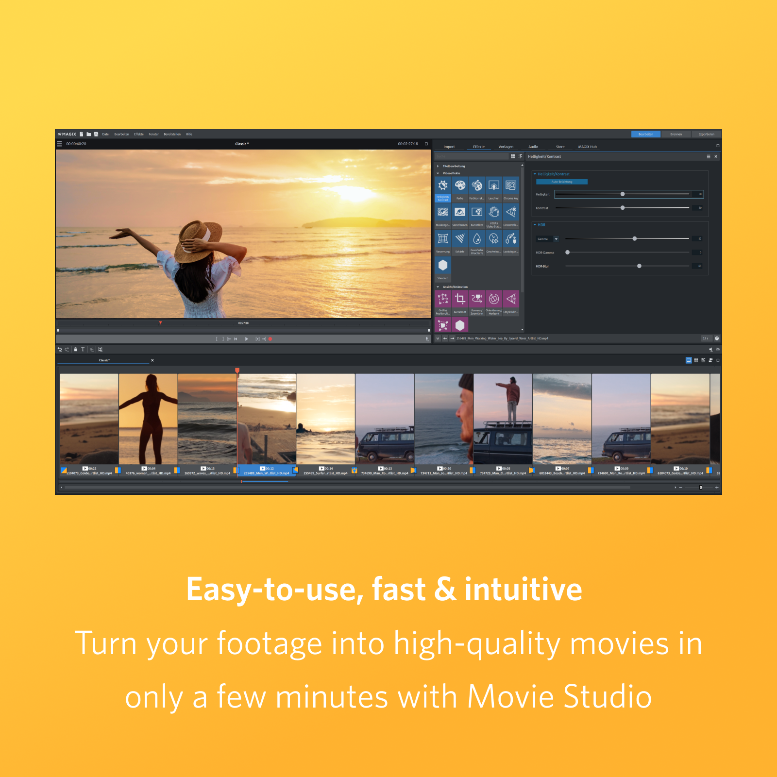 Interfaccia del software di editing video con anteprima video di una scena sulla spiaggia.