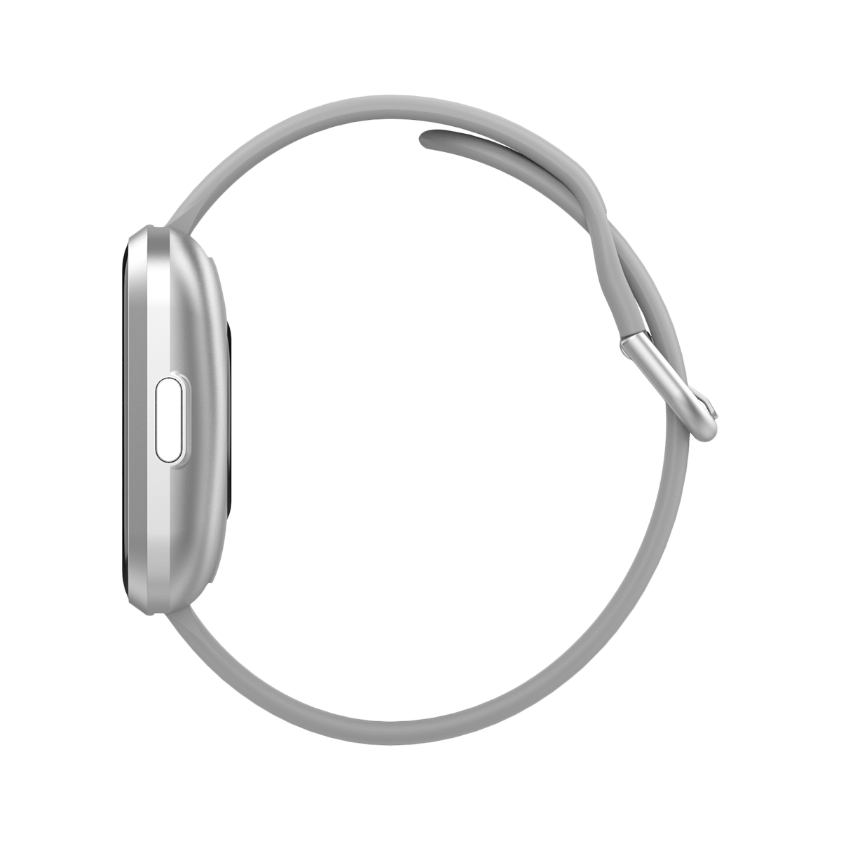 Szary smartwatch, widok z boku, szary pasek, metalowe zapięcie, białe tło.