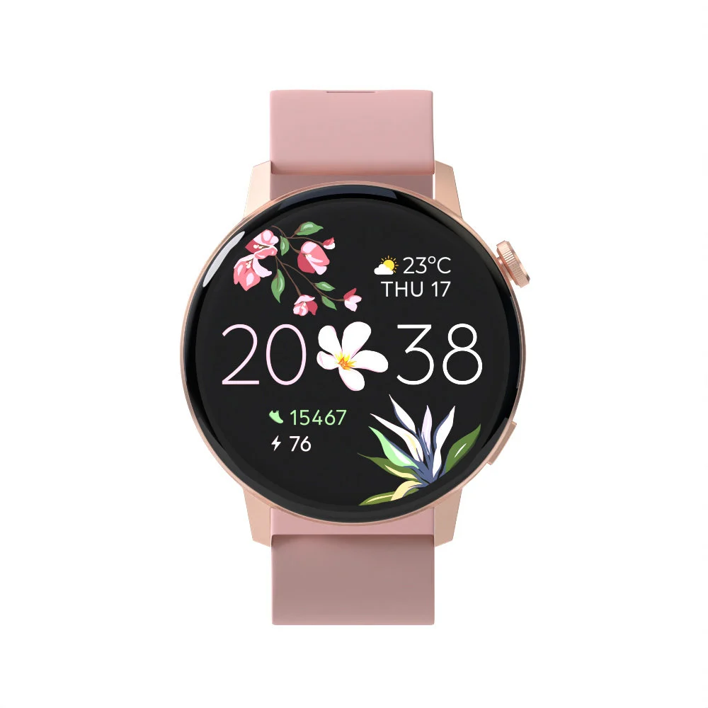 Różowo-złoty smartwatch z różowym paskiem. Tarcza zegarka pokazuje godzinę, datę i kwiatowe grafiki.