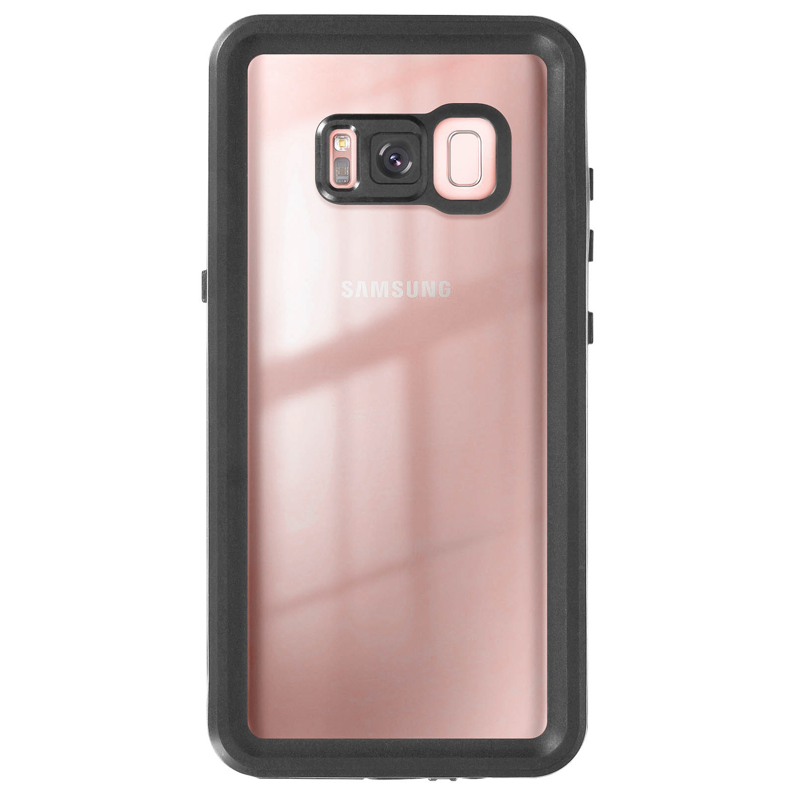 Teléfono color rosa dentro de una funda protectora negra. Cámara y botones visibles.