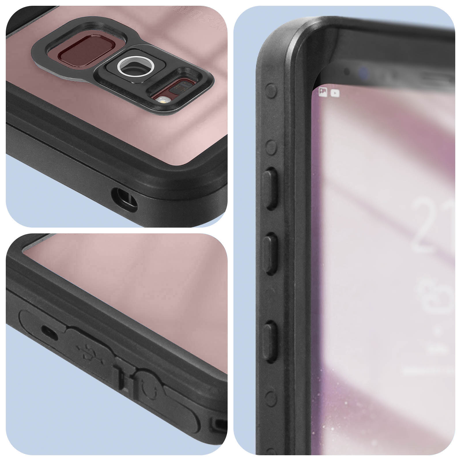 Primer plano de la funda del teléfono mostrando cámara, botones y puertos, con fondo azul.